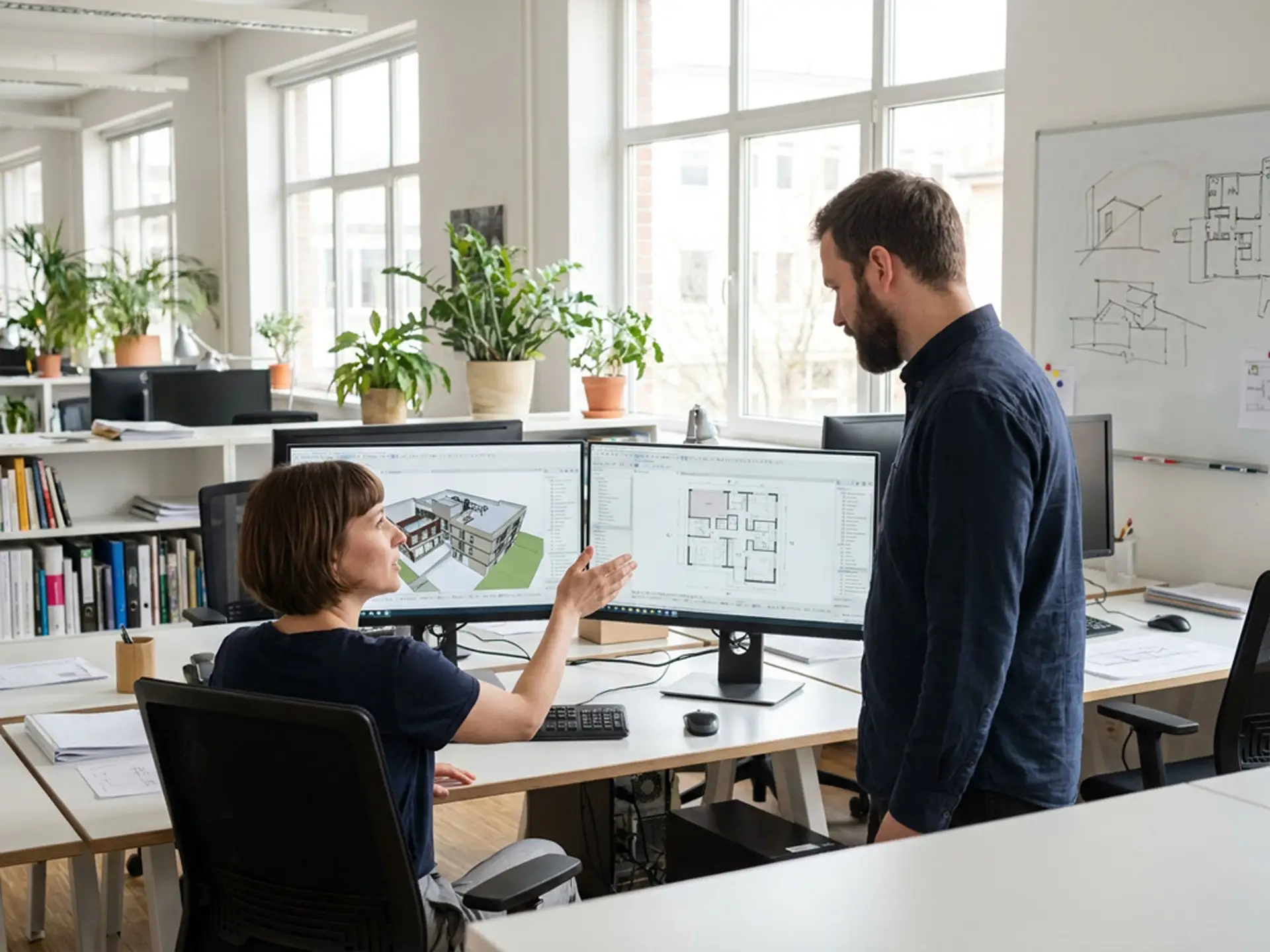 Mitarbeiter eines Architekturbüros besprechen ein BIM-Modell an zwei Monitoren.