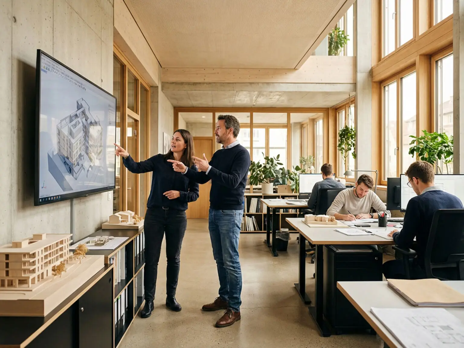 Zwei Architekten prüfen eine Planung an einem großen Bildschirm.