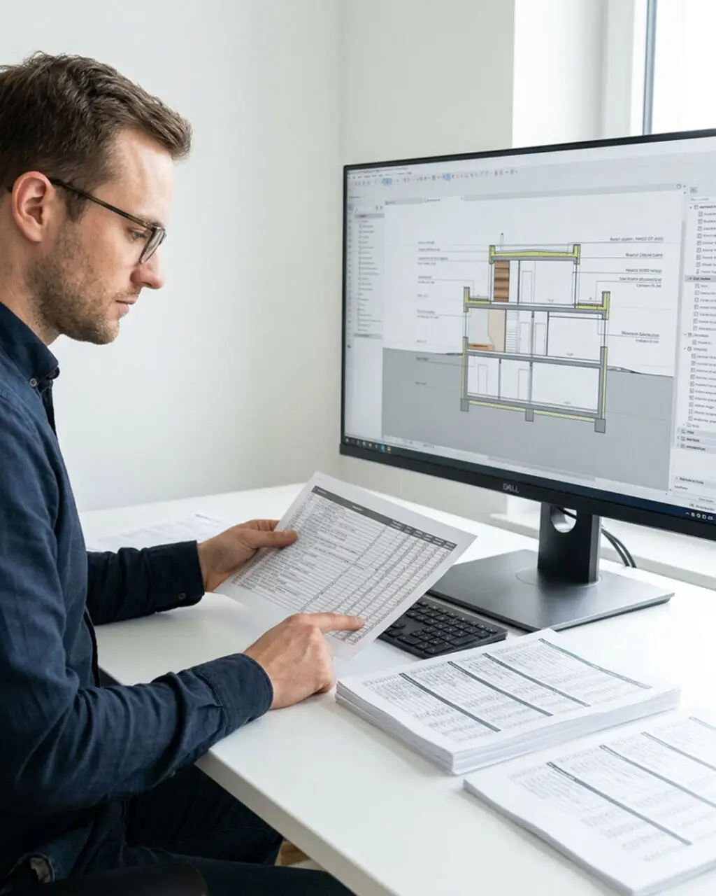 Architekt überprüft analoge Mengenliste am Arbeitsrechner