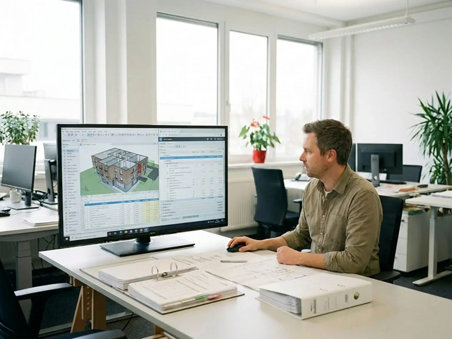 Ein Projektleiter setzt eine modellbasierte Ausschreibung an seinem Arbeitsplatz auf.
