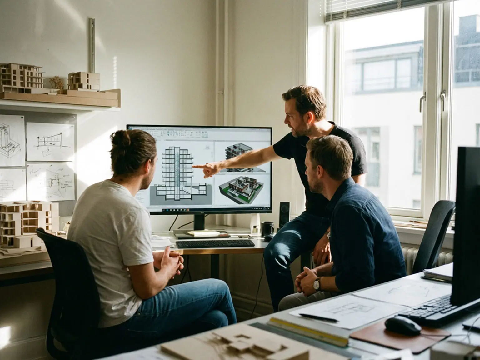 Architektenteam diskutiert an einem Bildschirm über ein BIM-Modell